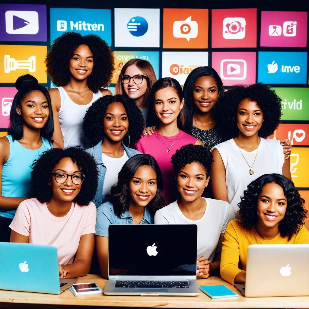 A dynamic scene featuring a diverse group of women of various ethnicities engaged in video content creation, each with laptops, cameras, and microphones, surrounded by vibrant graphics showcasing social media icons and trending hashtags. The background should have hints of a film set with colorful lighting and empowering quotes. The overall atmosphere should be energetic and inspiring, reflecting empowerment and entertainment. super-realistic. vibrant colors. energetic vibe.