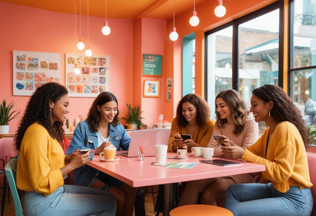 A vibrant scene showcasing diverse female influencers engaging with their online communities, surrounded by digital devices like smartphones and laptops. They are depicted in a bright, bustling café with lively discussions and interactions, emphasizing a sense of collaboration and empowerment. The background is filled with social media icons, symbolizing their influence in the digital space. Include soft pastel colors for a warm atmosphere. super-realistic. vibrant colors. digital art.
