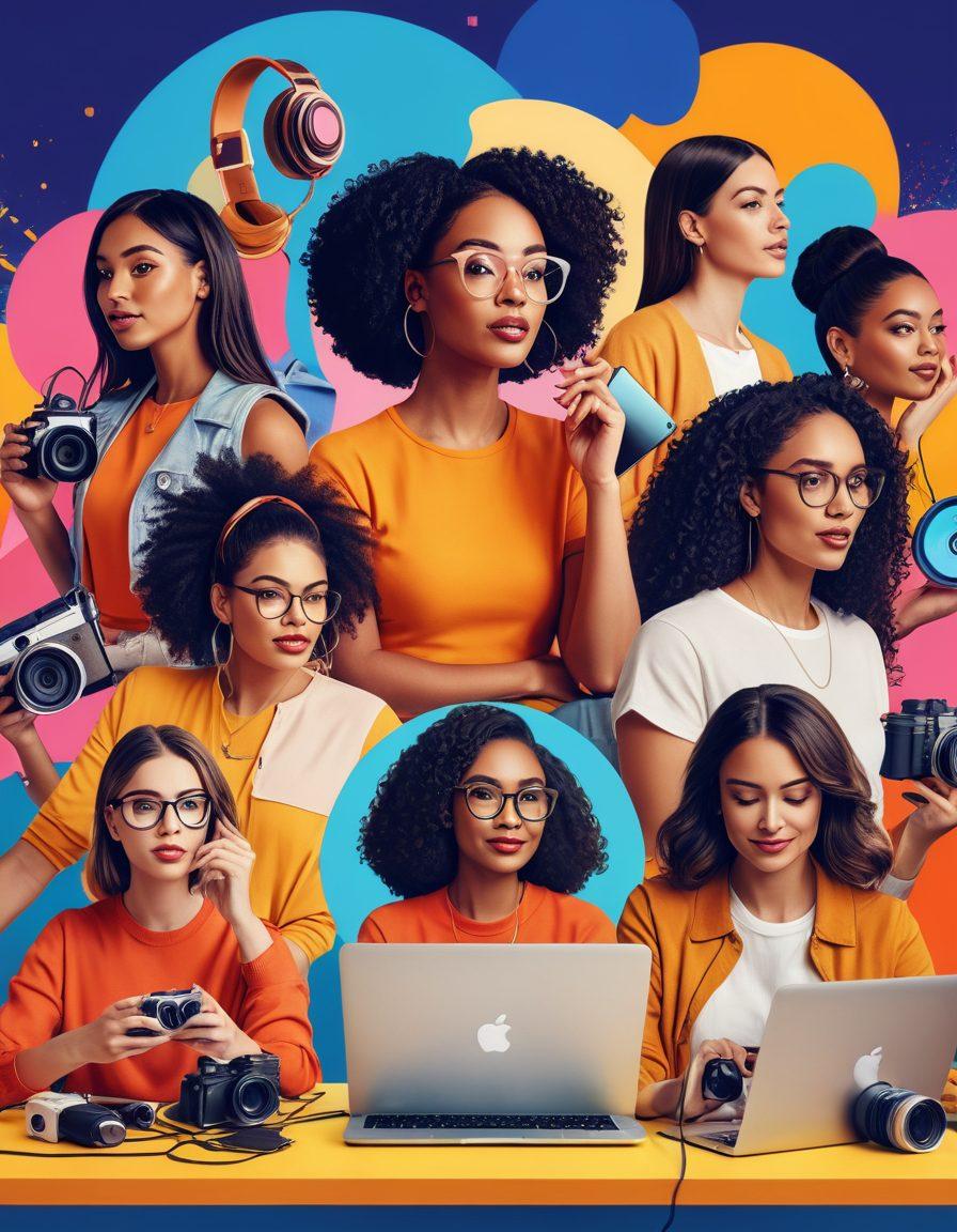 A dynamic collage featuring diverse women creating online content in various environments, such as vlogging with cameras, editing videos on laptops, and engaging with audiences through social media. Incorporate a vibrant background filled with elements representing technology and entertainment, like microphones, film reels, and digital devices. Highlight the empowerment and creativity of women in the digital space, with an inspiring and energetic atmosphere. bright and colorful. modern art. digital illustration.